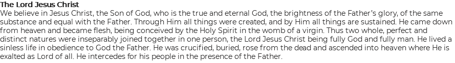 The Lord Jesus Christ We believe in Jesus Christ, the Son of God, who is the true and eternal God, the brightness of the Father’s glory, of the same substance and equal with the Father. Through Him all things were created, and by Him all things are sustained. He came down from heaven and became flesh, being conceived by the Holy Spirit in the womb of a virgin. Thus two whole, perfect and distinct natures were inseparably joined together in one person, the Lord Jesus Christ being fully God and fully man. He lived a sinless life in obedience to God the Father. He was crucified, buried, rose from the dead and ascended into heaven where He is exalted as Lord of all. He intercedes for his people in the presence of the Father.